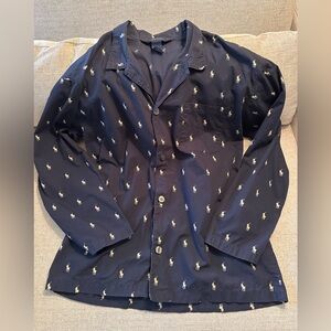 Polo Ralph Lauren Navy Blue Pony Print Long Sleeve Lounge Wear Button Down Top L